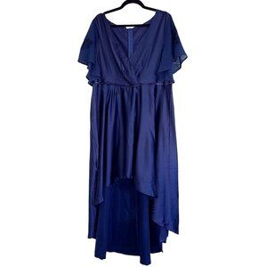 High-Low Blue Evening Gown W/ Lace & Sequins Flutter Sleeves Plus Size Elegant